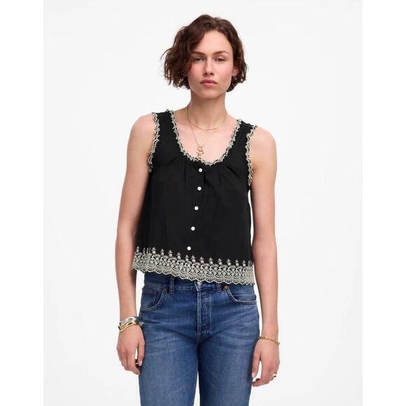 MADEWELL Embroidered Scalloped Tank L Jet Black Button Up Scoop Neck NWT B2 - Picture 1 of 6